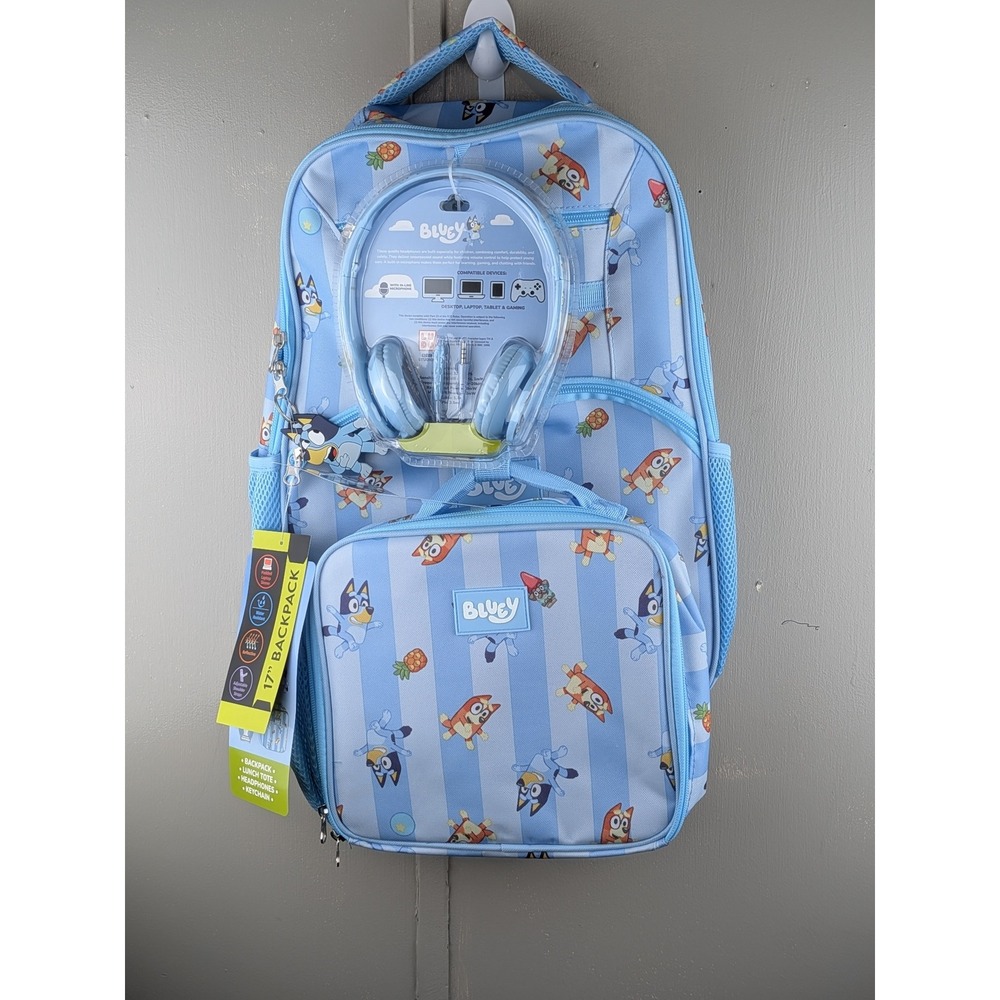 Bluey 4 Piece Backpack Set with Lunch Tote Headphones and Keychain Blue Striped